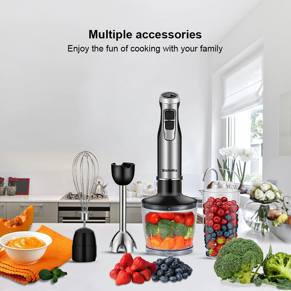 Frullatore a immersione BioloMix 4 in 1 ad alta potenza da 1200 W, con tritatutto e bicchiere per frullati, lame per ghiaccio in acciaio inossidabile