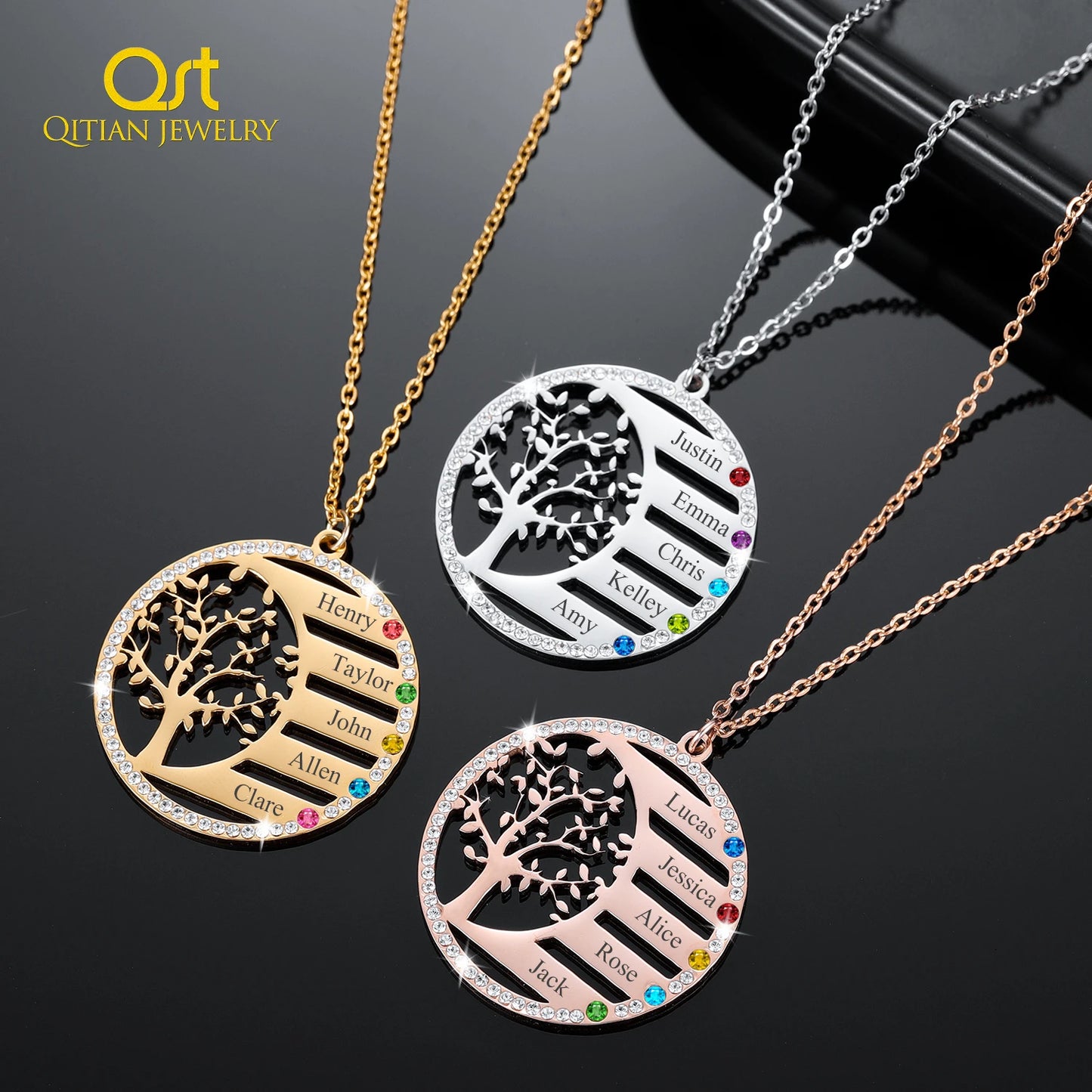 Collana personalizzata con nome dell'albero genealogico e ciondolo in cristallo con pietra portafortuna. Incisione del nome, catena in acciaio inossidabile, gioiello, regalo di Natale.