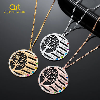 Collana personalizzata con nome dell'albero genealogico e ciondolo in cristallo con pietra portafortuna. Incisione del nome, catena in acciaio inossidabile, gioiello, regalo di Natale.