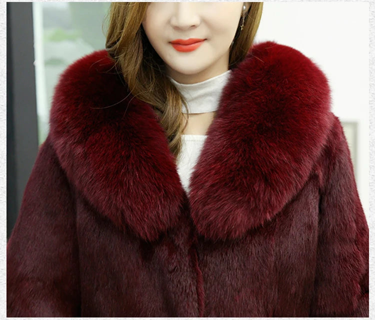 Nuovo cappotto in vera pelliccia di coniglio naturale con collo in pelliccia di volpe, giacca da donna in pelliccia alla moda, personalizzabile in qualsiasi taglia