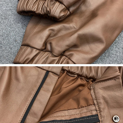 Salopette in vera pelle da donna, pantaloni elastici in vita con tasche, leggings dritti verdi militari da donna, pantaloni harem originali