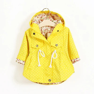 Nuova giacca/cappotto primavera/autunno 2025 per ragazze, giacca a vento con fiori, giacca a mezza lunghezza con cappuccio in vita, abbigliamento per bambini
