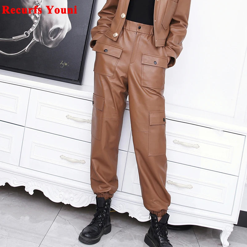 Salopette in vera pelle da donna, pantaloni elastici in vita con tasche, leggings dritti verdi militari da donna, pantaloni harem originali