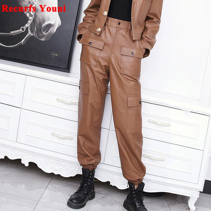 Salopette in vera pelle da donna, pantaloni elastici in vita con tasche, leggings dritti verdi militari da donna, pantaloni harem originali