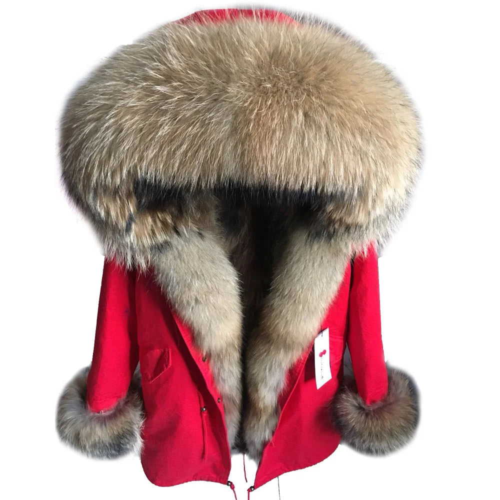 MAOMAOKONG Cappotto invernale in vera pelliccia di volpe da donna, lungo parka, collo in procione naturale, cappuccio, spesso e caldo, fodera in pelliccia staccabile
