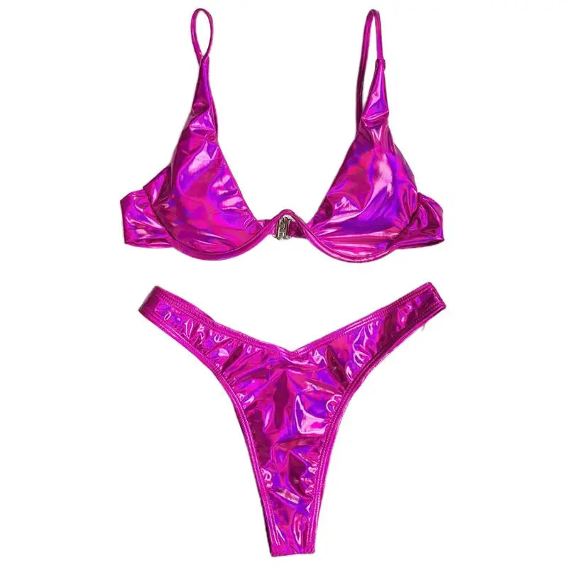 Bikini brasiliano sexy estivo da donna, costume da bagno olografico metallico lucido push-up imbottito con ferretto a triangolo, costume da bagno da spiaggia