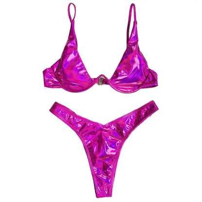 Bikini brasiliano sexy estivo da donna, costume da bagno olografico metallico lucido push-up imbottito con ferretto a triangolo, costume da bagno da spiaggia