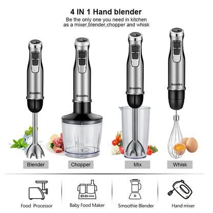 Frullatore a immersione BioloMix 4 in 1 ad alta potenza da 1200 W, con tritatutto e bicchiere per frullati, lame per ghiaccio in acciaio inossidabile