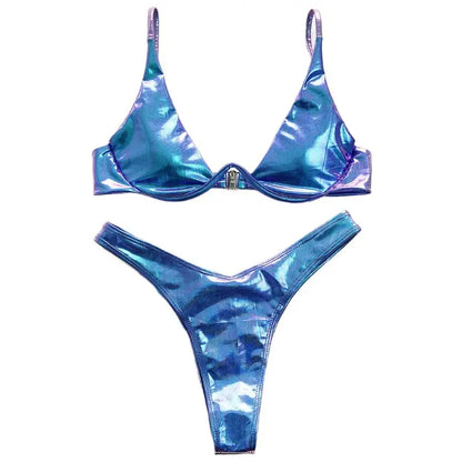 Bikini brasiliano sexy estivo da donna, costume da bagno olografico metallico lucido push-up imbottito con ferretto a triangolo, costume da bagno da spiaggia