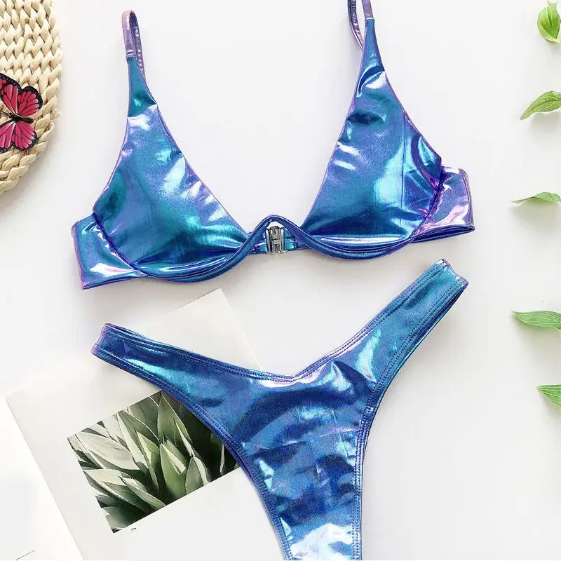 Women Summer Sexy Brazilian Bikini Set Holographic Shiny Metallic Swimsuit Push Up Padded Underwire Triangle Bathing Suit Beachw