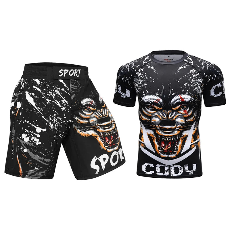 Completo sportivo da uomo Cody Lundin con stampa 3D, ideale per MMA, Jiu-jitsu, kickboxing, allenamento fitness e abbigliamento sportivo.