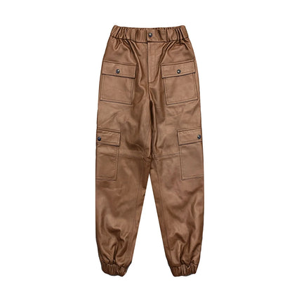 Salopette in vera pelle da donna, pantaloni elastici in vita con tasche, leggings dritti verdi militari da donna, pantaloni harem originali