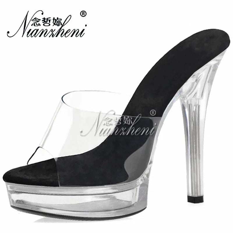 Ciabatte sexy e alla moda con plateau trasparente in cristallo da 13 cm, sandali da festa con tacco alto da 5 pollici, scarpe da spogliarellista per matrimoni, scarpe da posa