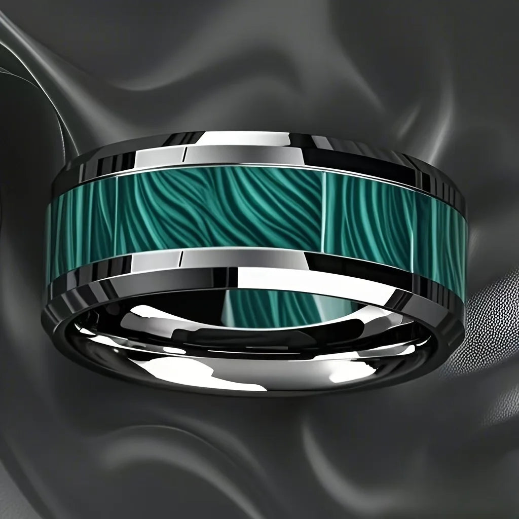 Anelli da uomo in acciaio inossidabile color argento con intarsio in pietra imitazione pavone da 8 mm, gioielli per matrimonio da uomo, anello in acciaio