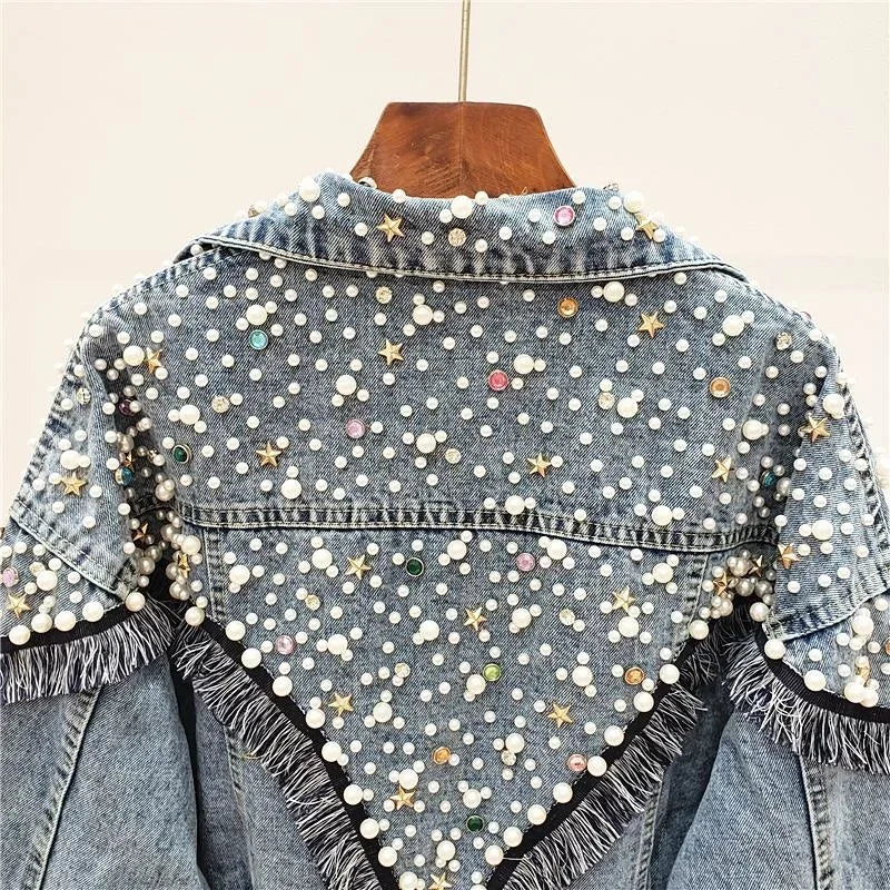 2024 Nuova giacca di jeans da donna primavera autunno streetwear con perle borchiate a mano, punk, nappa, giacca da donna, jeans corti larghi, cappotti