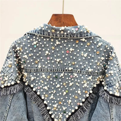 2024 Nuova giacca di jeans da donna primavera autunno streetwear con perle borchiate a mano, punk, nappa, giacca da donna, jeans corti larghi, cappotti