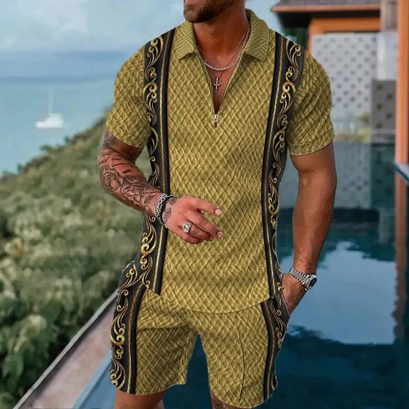 Completo estivo vintage casual a righe con stampa 3D, composto da polo, polo con cerniera e colletto, pantaloncini con cerniera, stile vacanze hawaiane da uomo.
