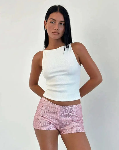 Fashionable Slim Fit Sequin Solid Color Black Mid Waist Sexy Straight Leg Women's Shorts 2025 Multicolor Hot Pants