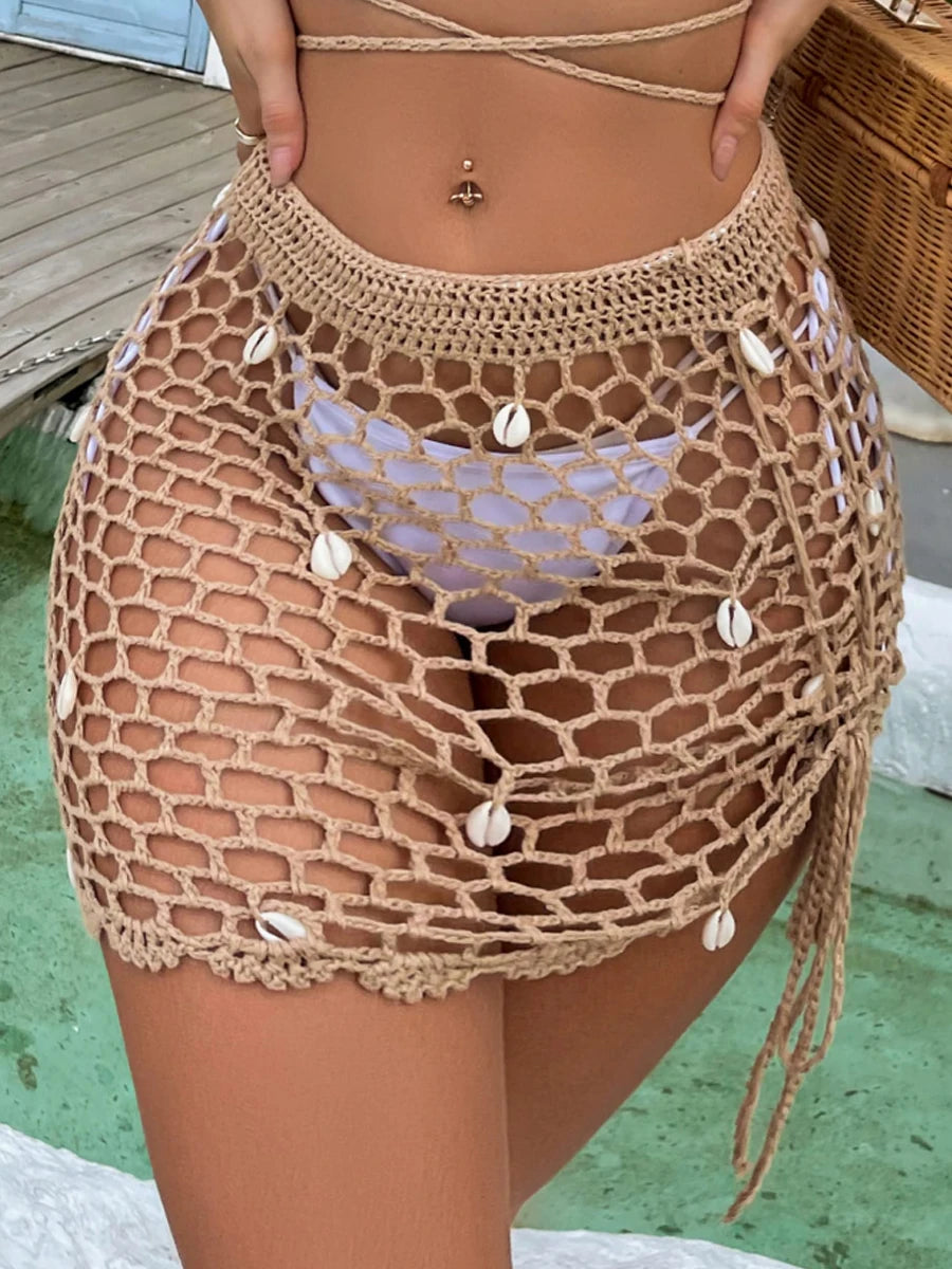 Sexy Style Handmade Crochet Hollow Out Skirt With Seashells Women Beach Outing Vacation Fashion Drawstring Bikini Cover-Ups