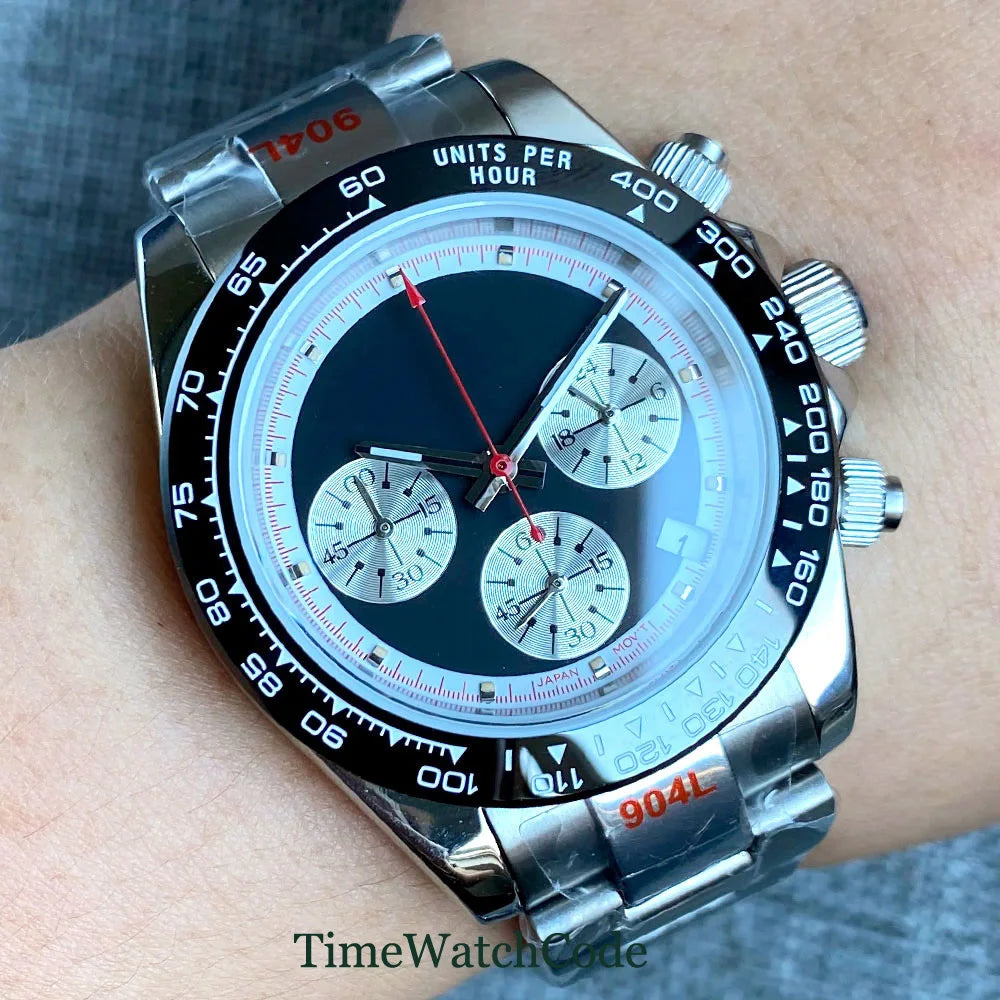 Orologio cronometro Tandorio da uomo, 39 mm, movimento al quarzo VK63, quadrante grigio, vetro zaffiro, cronografo completo, bracciale in acciaio inossidabile 316L, cinturino in gomma.