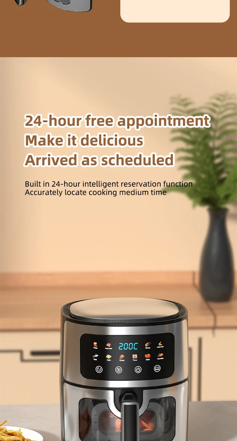 Friggitrice ad aria in acciaio inossidabile da 5 litri, elettrodomestico da cucina elettrico con display LCD e controllo touch screen, senza olio, per casa e hotel