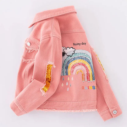 Giacca di jeans per ragazze adolescenti dai 5 ai 12 anni, nuova moda, rosa con paillettes arcobaleno, cappotto in jeans per ragazze, primavera autunno, capospalla per bambini