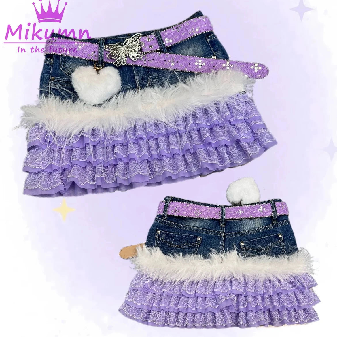 Mikumn Japanese Y2K Aesthetic Vintage Low Waist Lace Patchwork Denim Skirt Harajuku Girls Kawaii Pink Purple Green Cake Skirts
