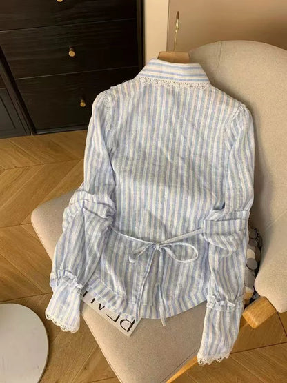 Blue Striped Women Shirts Autumn Korean Sweet Lace Patchwork Long Sleeve Blouse Fashion Single Breasted Slim All Match Top Mujer