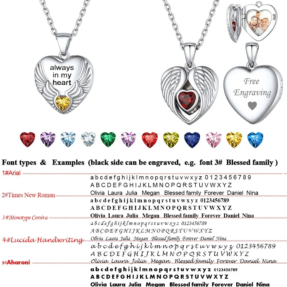 Ciondolo a forma di cuore con ali d'angelo in argento 925 U7 con pietre portafortuna, collana con ciondolo portafoto personalizzato per donna, gioiello commemorativo con foto di famiglia.