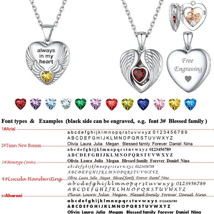Ciondolo a forma di cuore con ali d'angelo in argento 925 U7 con pietre portafortuna, collana con ciondolo portafoto personalizzato per donna, gioiello commemorativo con foto di famiglia.