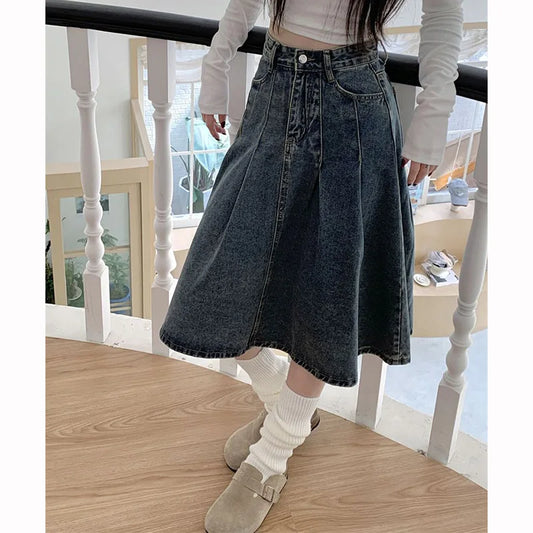 Gonna in jeans a vita alta da donna, alla moda estiva, vintage, stile vintage, per ragazze, casual, stile coreano, lunghezza media.