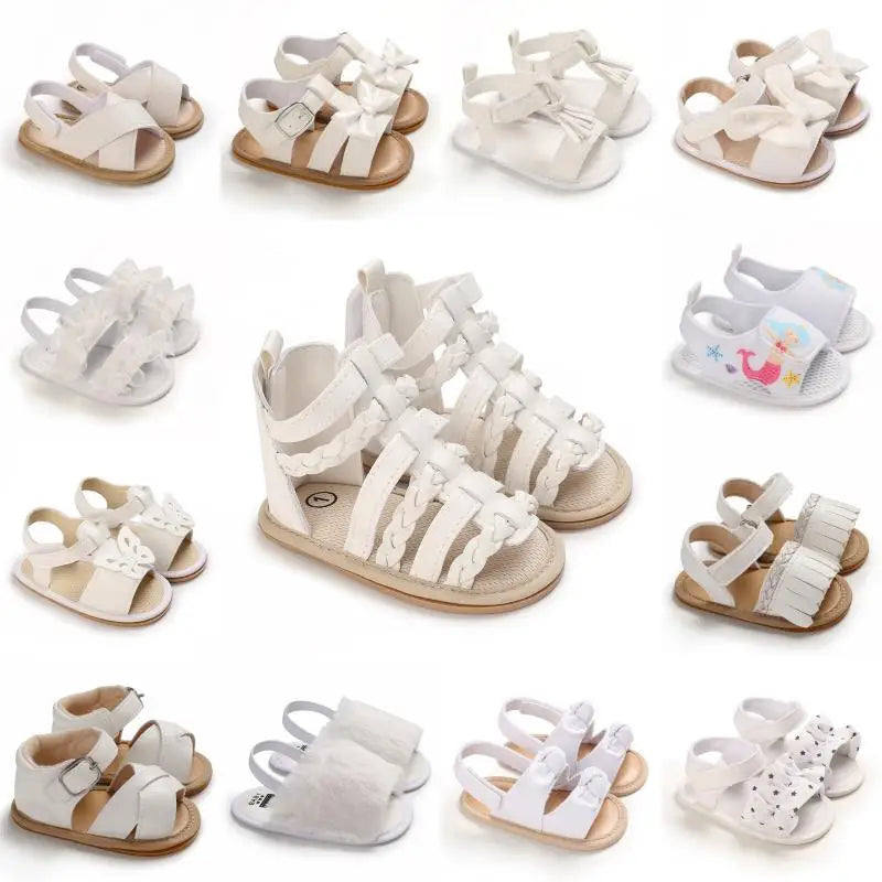 Sandali per bambina 0-12 mesi, primi passi estivi, bianchi, classici, con suola morbida, casual e alla moda.
