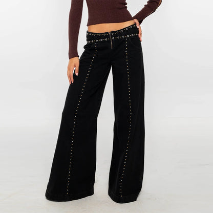 Jeans da donna, stile street style, neri, con rivetti, vintage, vita media, lunghi, alla moda, stile Y2K, con cerniera, pantaloni in denim, gamba dritta.