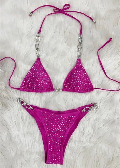 Bikini sexy da donna in 6 colori con strass cavi e allacciatura a catena, set bikini da spiaggia di lusso.