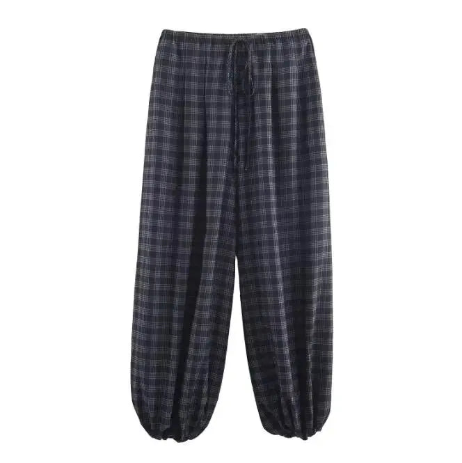 Trendy Plaid Lantern Drawstring Casual Pants Loose Fit With Drawstring Versatile Womens Everyday Workwear Pants Trafizaran