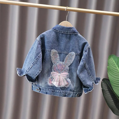 Giacca di jeans per bambine dai 2 ai 12 anni, nuova moda, cappotti in jeans per bambine, grazioso design con coniglietto e fiocco in pizzo, abbigliamento esterno per bambini
