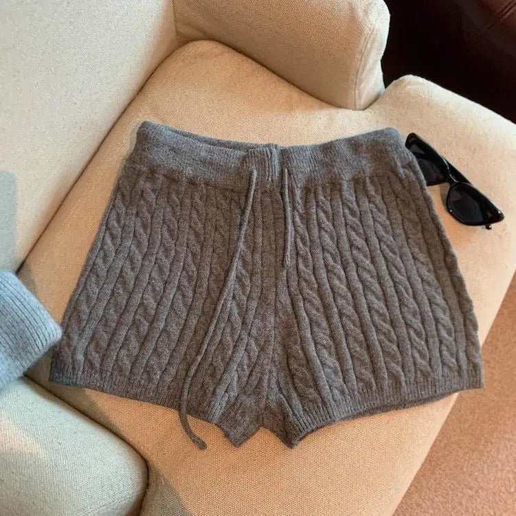 Pantaloncini da donna in maglia a vita alta con coulisse, tinta unita, stile americano, nuovi arrivi autunnali, in fibra di poliestere.