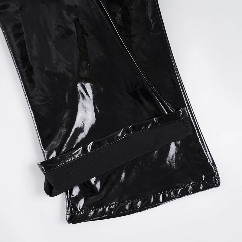 Dark Slim-Fitting Pu Leather Pants Punk Style Sexy Solid Low-Waisted Flare Pants Women 2025 Autumn Winter Fashion Streetwear
