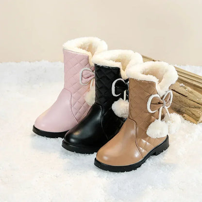 Stivali caldi da bambina con fiocco 2025, nuovi stivali da neve invernali per bambini con pelliccia, stivali da principessa alla moda per bambini, impermeabili con plateau