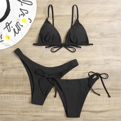 Sexy set bikini a 3 pezzi da donna, tinta unita blu e viola, push-up, a triangolo, costume da bagno brasiliano da spiaggia, costume da bagno bikini