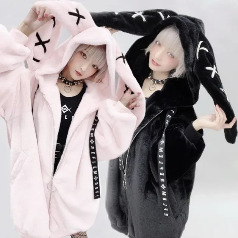 Cappotto viola in pelliccia stile Harajuku giapponese per donna, collezione inverno 2023, nuovo cappotto felpato di media lunghezza con cerniera, stile dark punk.