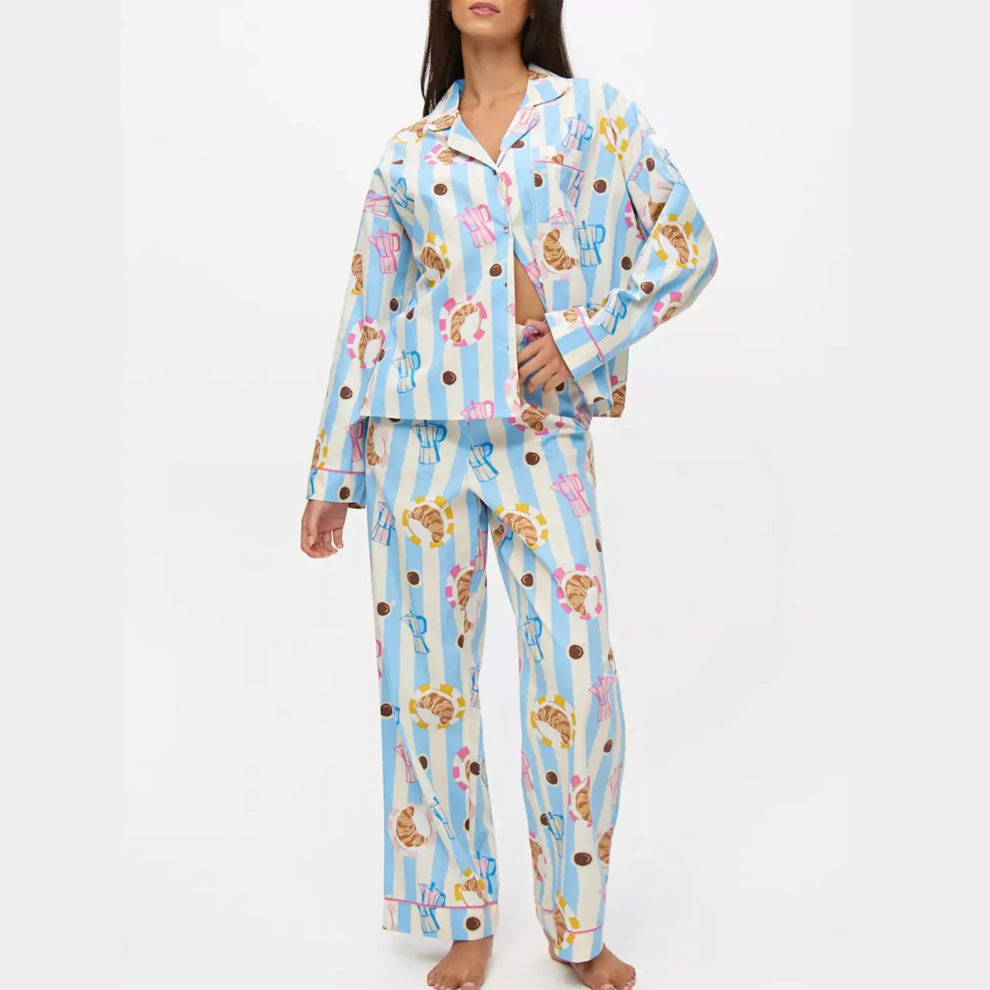 Set da notte da donna Hirigin in 2 pezzi con motivo stampato, manica lunga, pantaloni larghi e camicia da notte per l'autunno e l'inverno