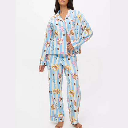 Set da notte da donna Hirigin in 2 pezzi con motivo stampato, manica lunga, pantaloni larghi e camicia da notte per l'autunno e l'inverno