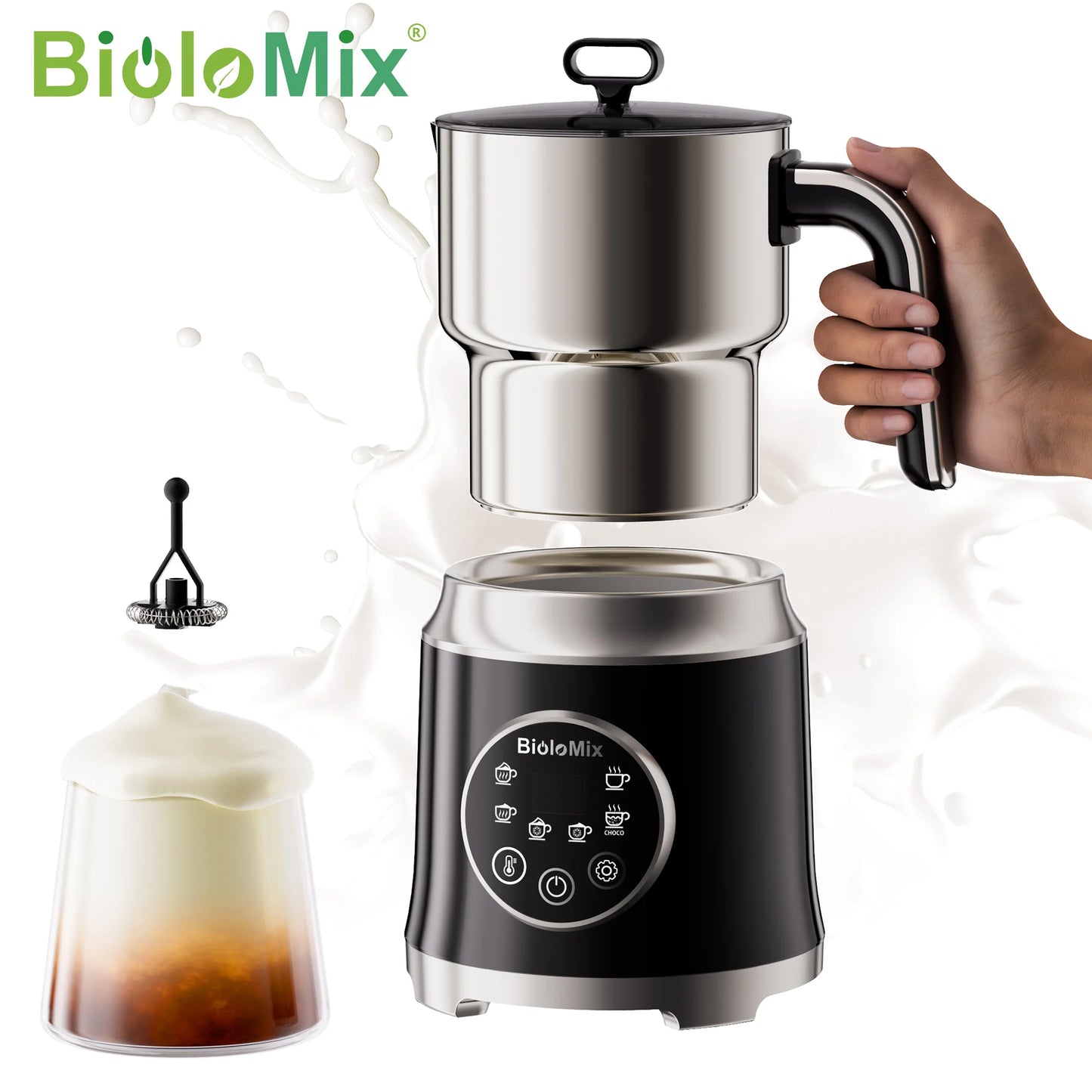 BioloMix 7 in 1 Steamer, montalatte elettrico staccabile, schiumatore automatico caldo/freddo per caffè e cioccolata calda, lavabile in lavastoviglie