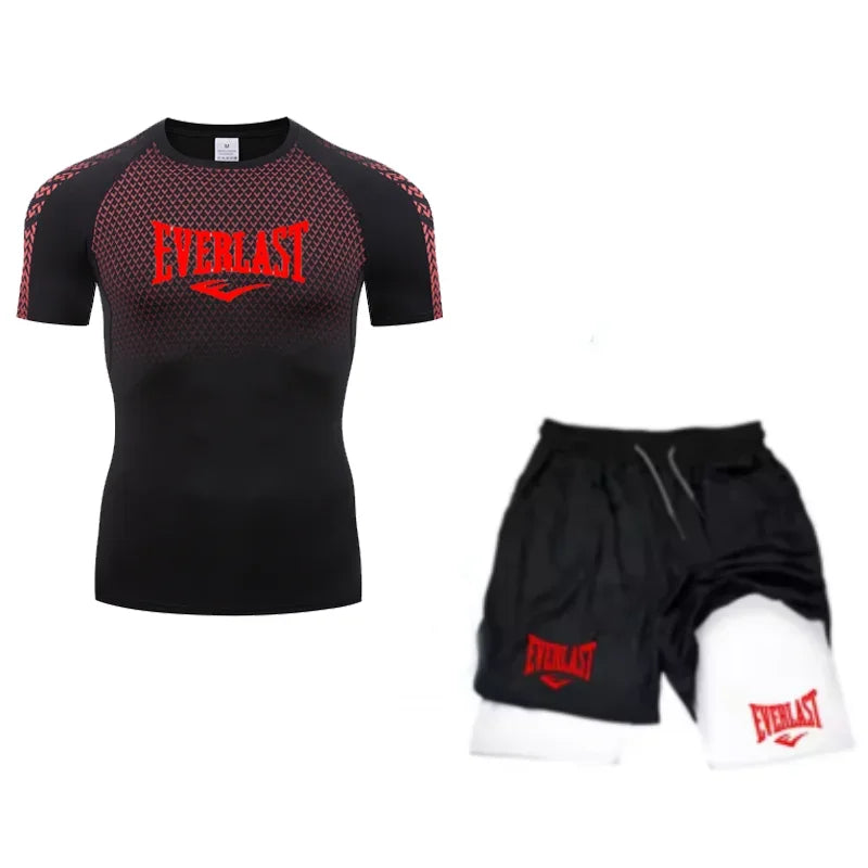 EVERLAST Maglietta a compressione da uomo + pantaloncini sportivi 2 in 1 Set 2 pezzi Tempo libero Traspirante Manica corta Sport Jogging Palestra Abbigliamento di marca Stampa
