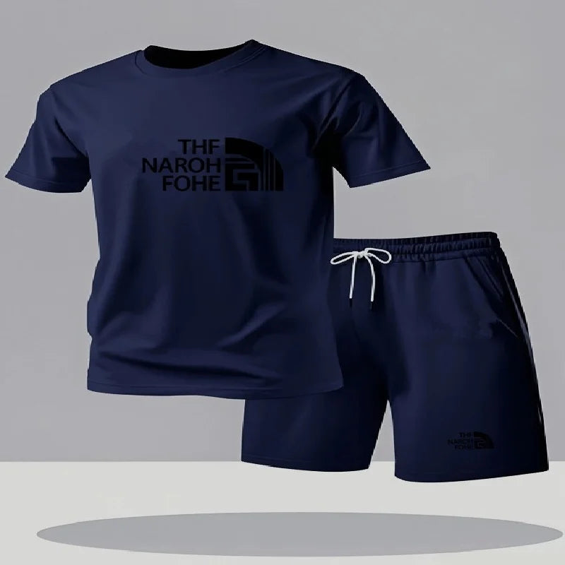 Completo estivo casual alla moda composto da t-shirt a maniche corte e pantaloncini, girocollo da uomo, completo sportivo traspirante a due pezzi a maniche corte