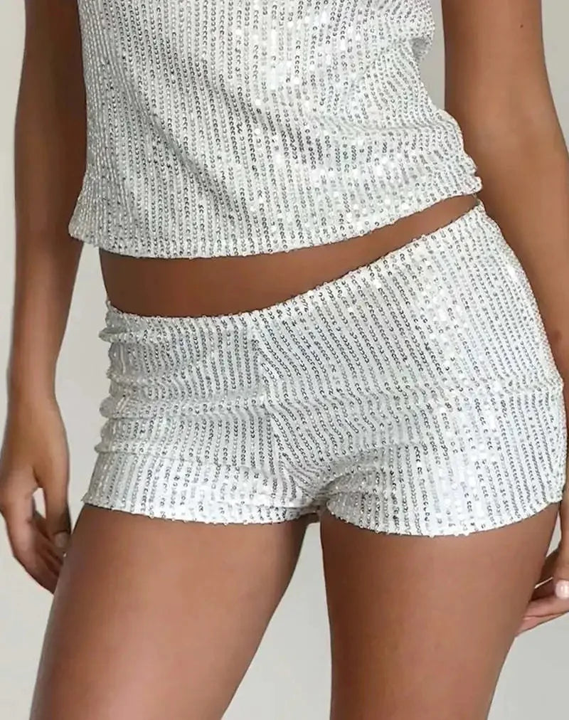 Fashionable Slim Fit Sequin Solid Color Black Mid Waist Sexy Straight Leg Women's Shorts 2025 Multicolor Hot Pants