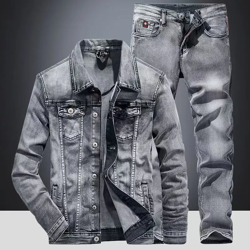 Completo primavera autunno con giacca e jeans in denim americano, jeans classici da cowboy, completi due pezzi alla moda, capospalla versatile, cappotto casual