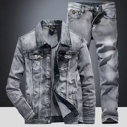 Completo primavera autunno con giacca e jeans in denim americano, jeans classici da cowboy, completi due pezzi alla moda, capospalla versatile, cappotto casual