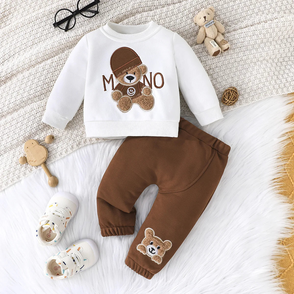 Completo invernale per neonati Prowow con maglione e pantaloni con orsetto ricamato e lettere, 2 pezzi. Set di abbigliamento carino per bambini.